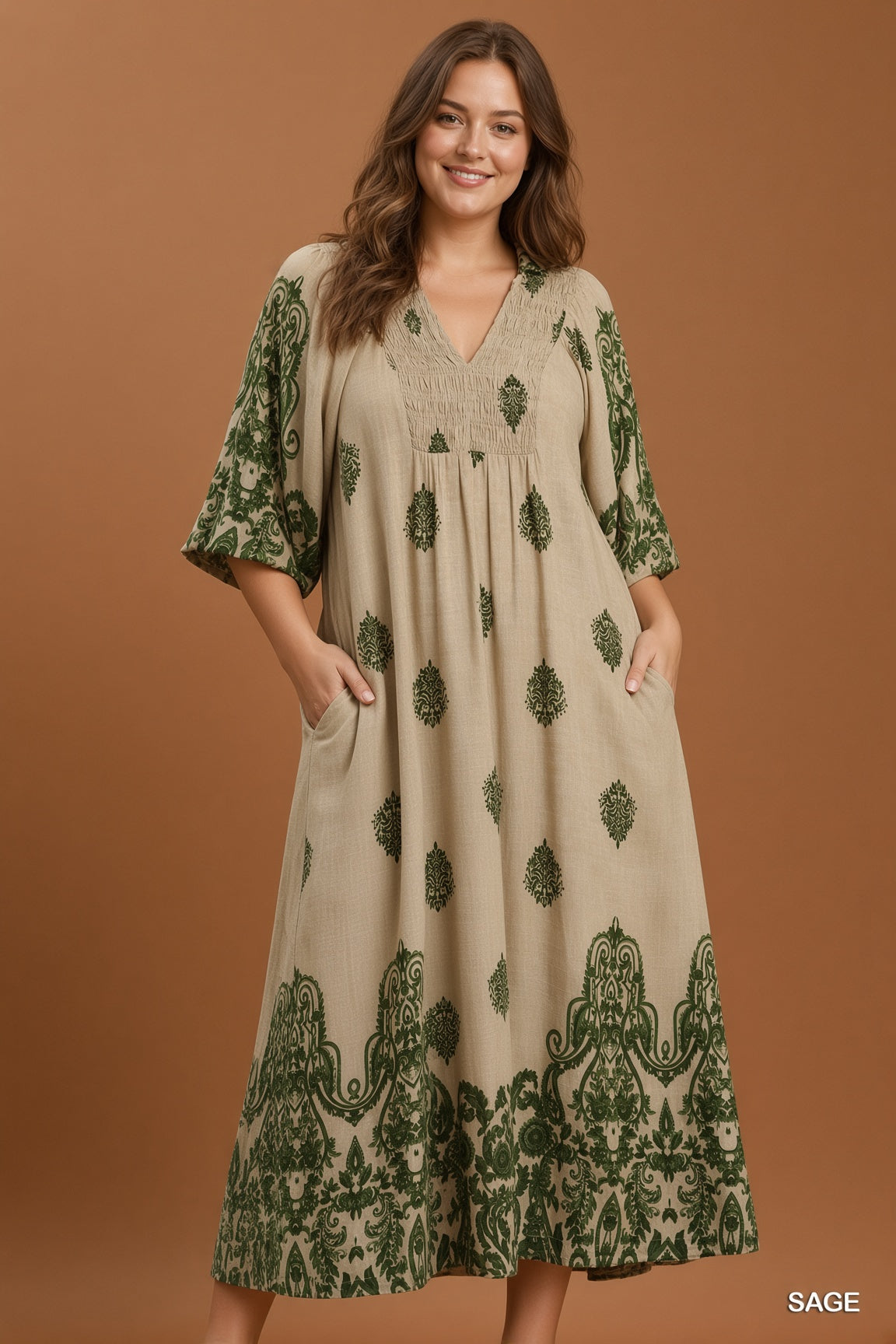 Umgee Smocked Detail Midi Dress - Sage