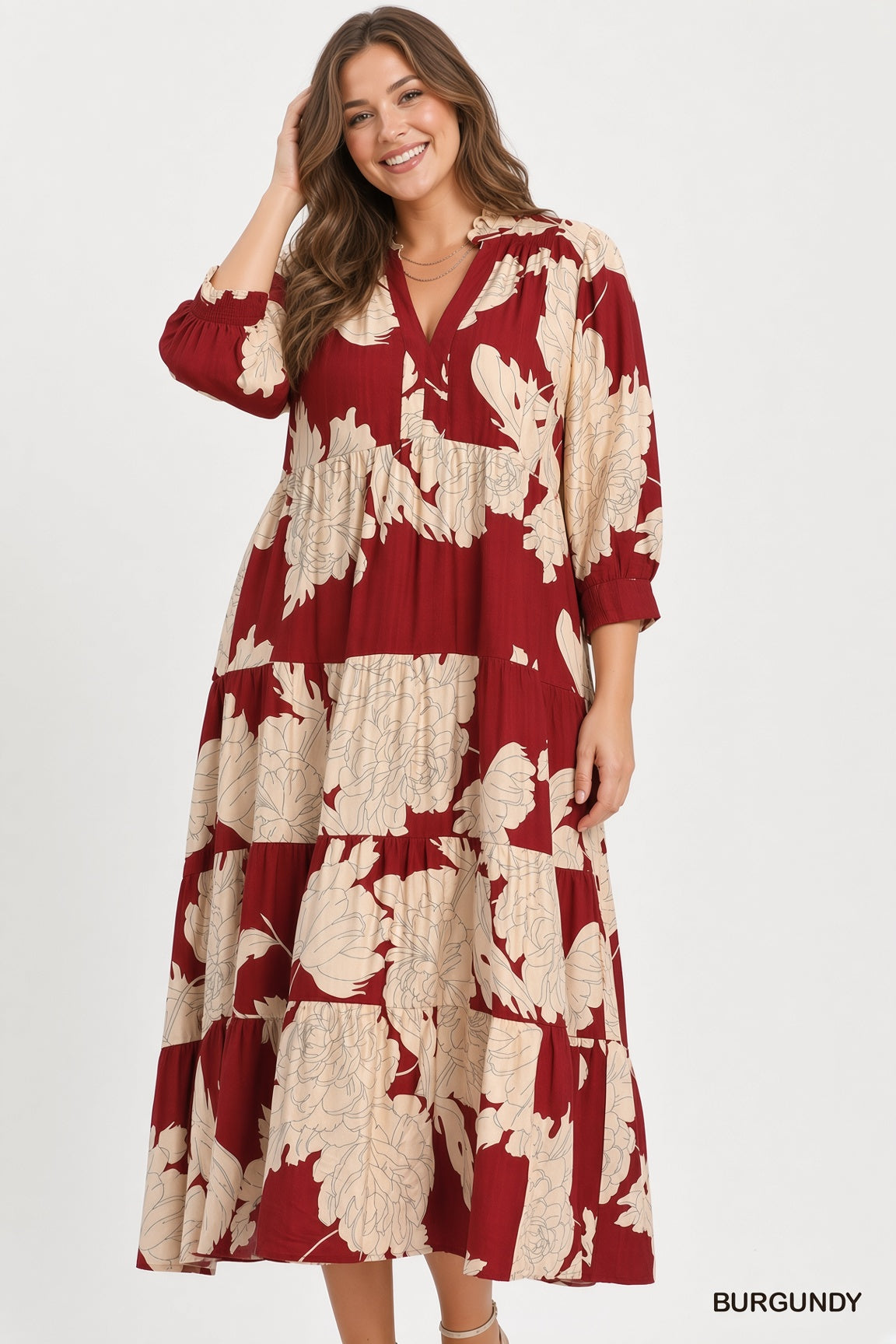 Umgee Floral Fall Burgundy Tiered Maxi Dress