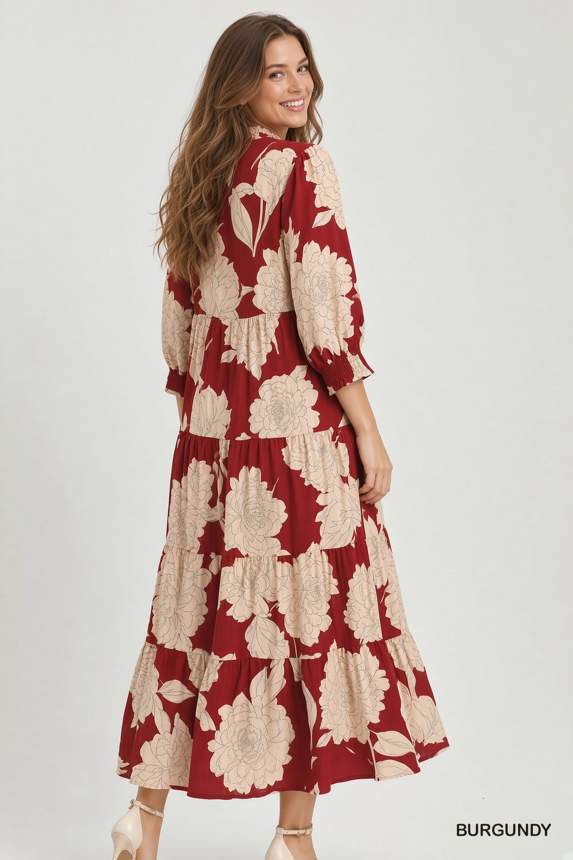 Umgee Floral Fall Burgundy Tiered Maxi Dress