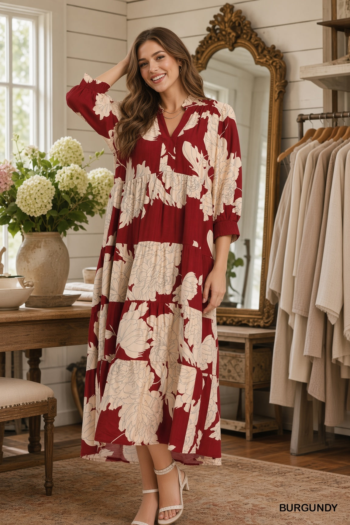 Umgee Floral Fall Burgundy Tiered Maxi Dress