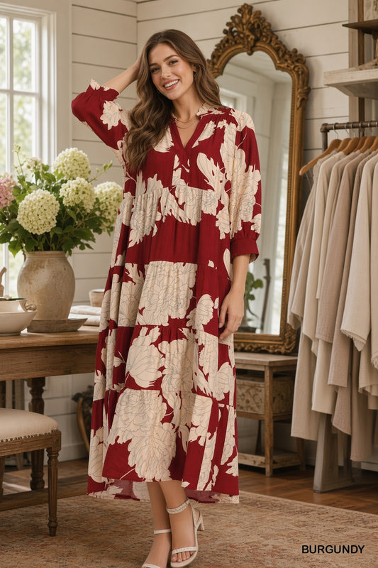 Umgee Floral Fall Burgundy Tiered Maxi Dress