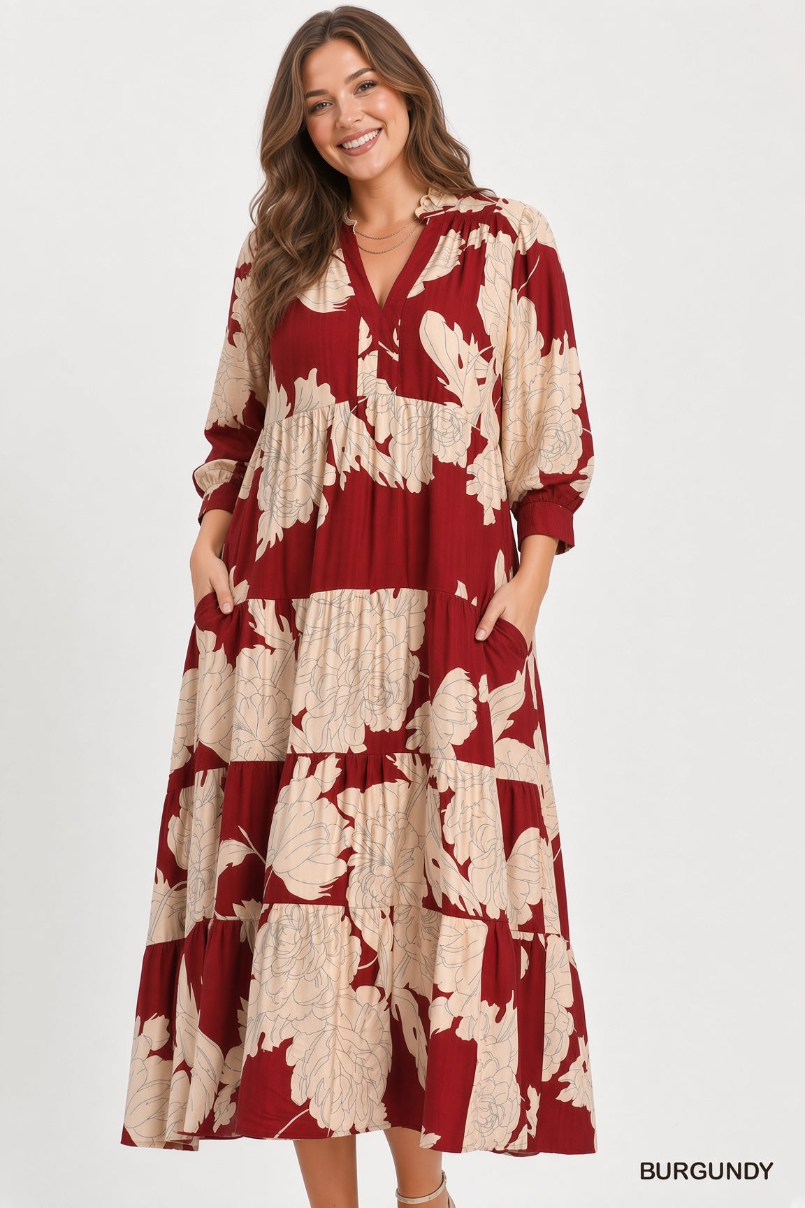 Umgee Floral Fall Burgundy Tiered Maxi Dress