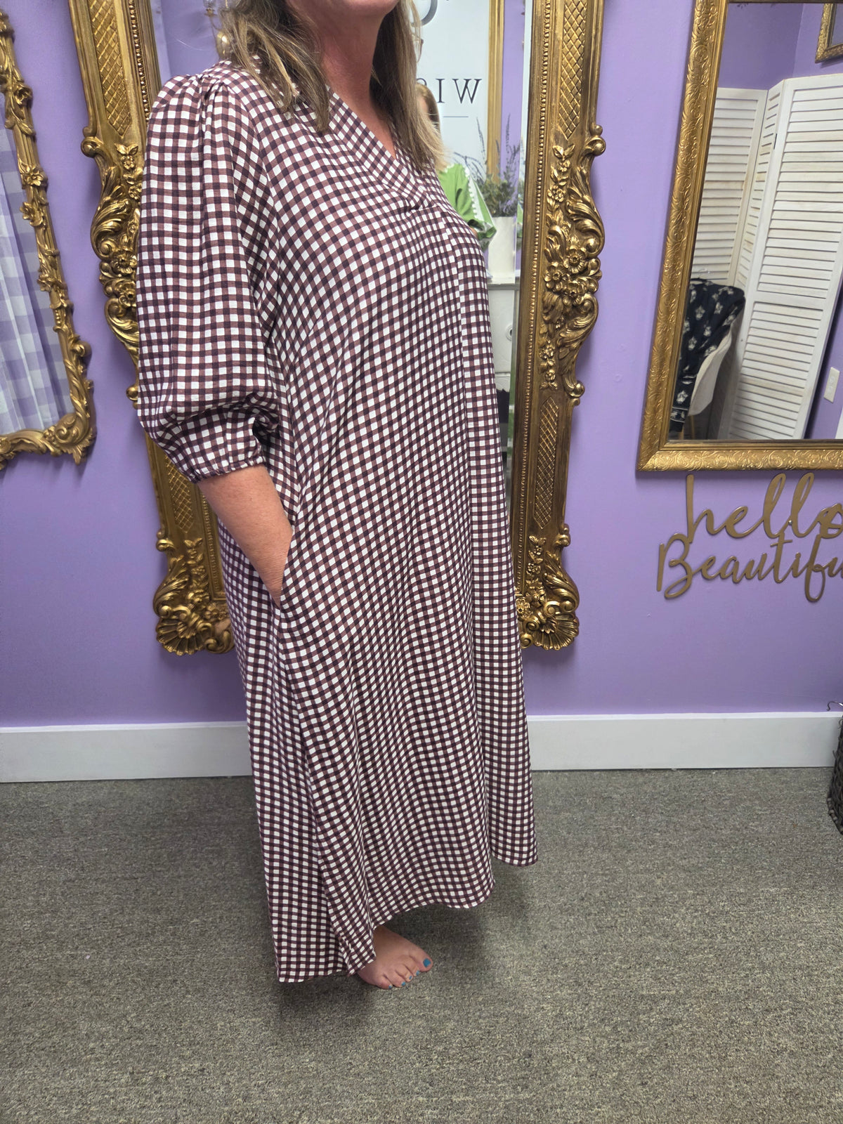 Umgee Gingham Check Collared Midi Dress — Chocolate Brown