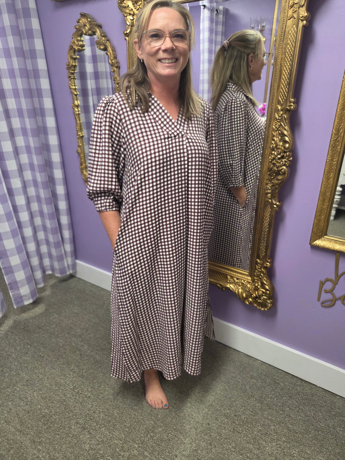 chocolate brown gingham dress Umgee Check Collared Midi — – Wisteria Cottage Dress outfit