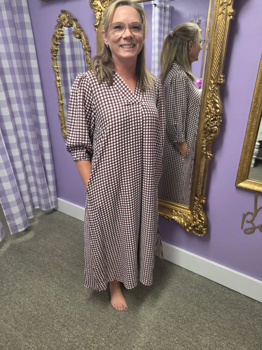 Umgee Gingham Check Collared Midi Dress — Chocolate Brown