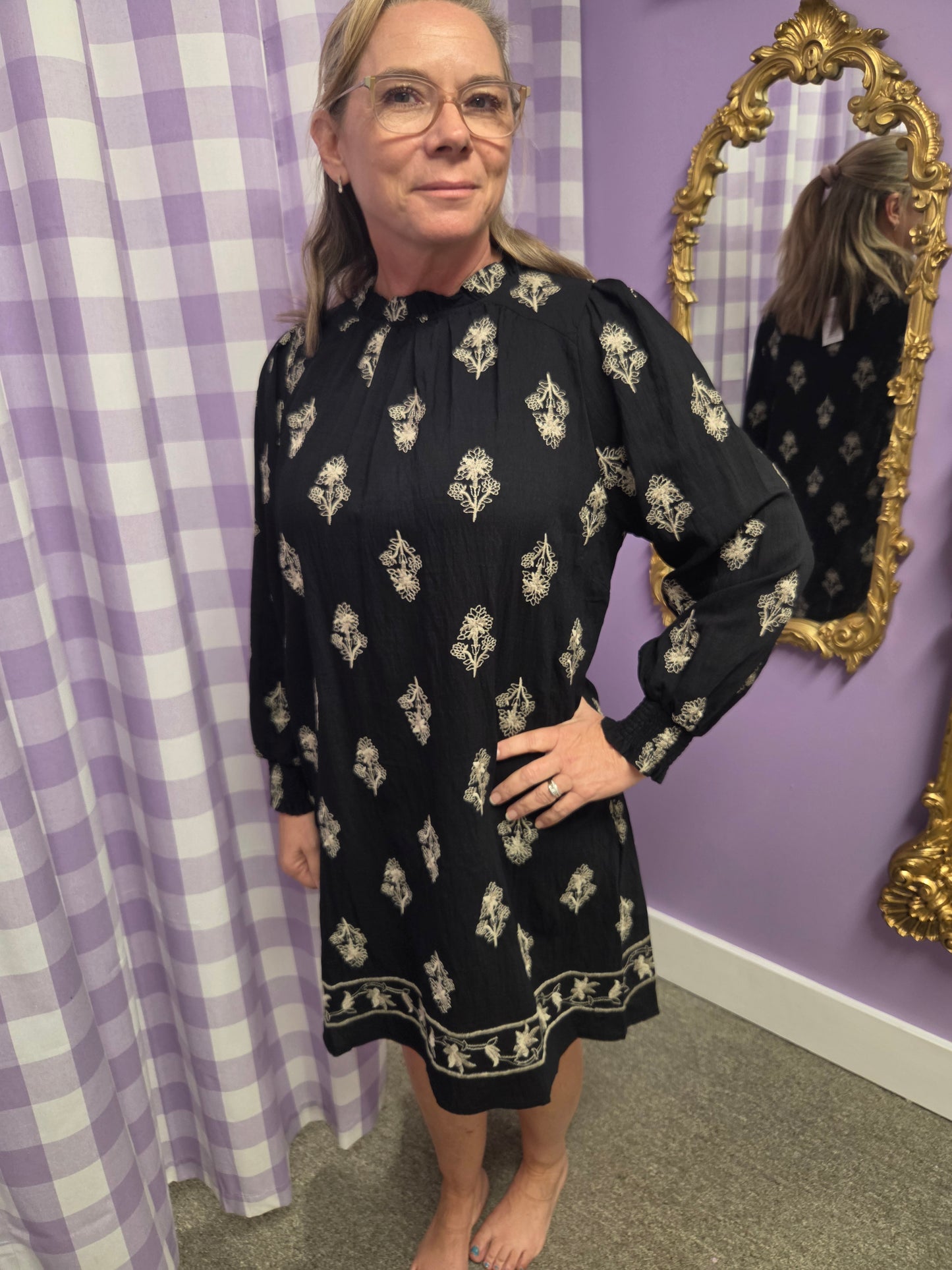 Umgee Embroidered Long Sleeve Mini Dress — Black
