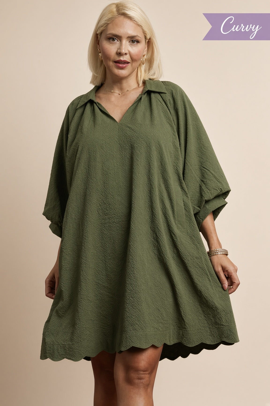 Umgee Plus Split V-Neck Puff-Sleeve Dress – Olive