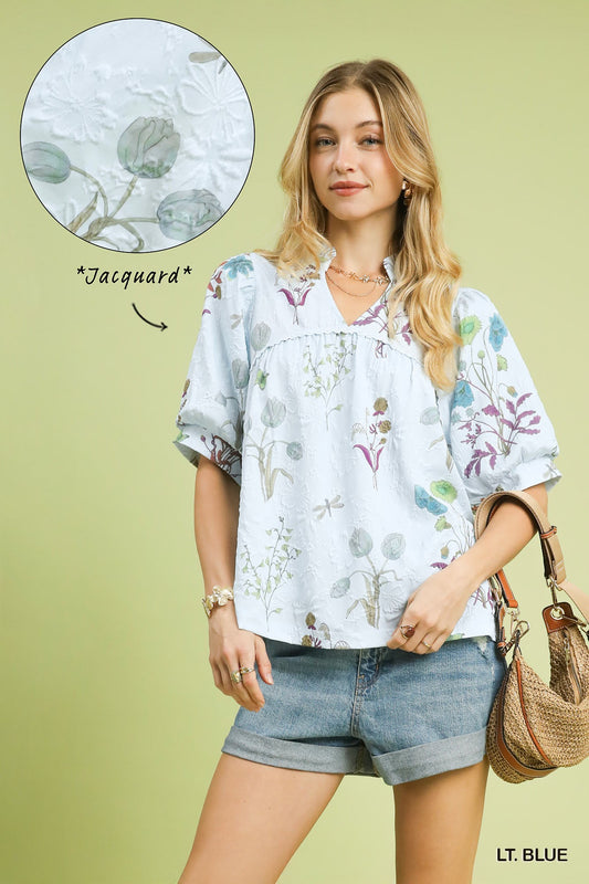 Umgee Jacquard Floral Puff-Sleeve Top – Light Blue