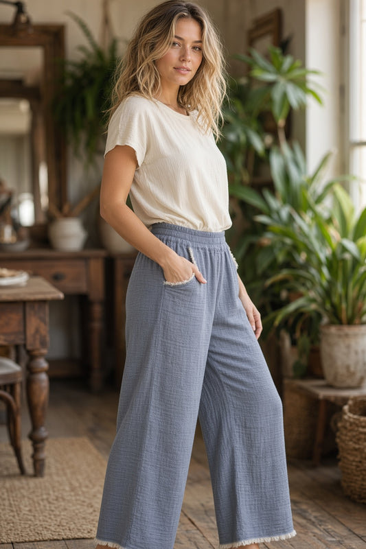 Umgee Frayed Hem Wide Leg Pants - Lt Blue