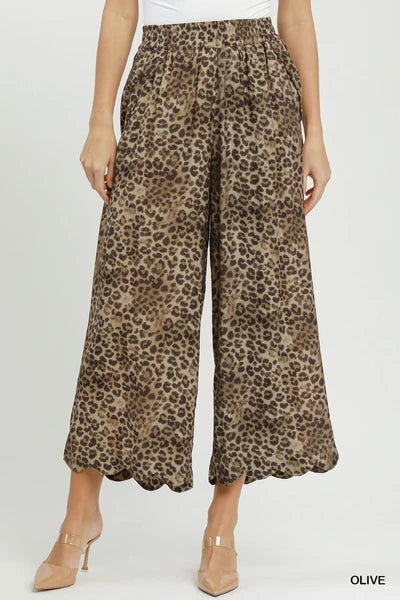 Umgee Leopard Print Scallop Hem Wide Leg Pants in Olive