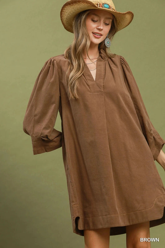 Corduroy Split Neck Puff Sleeve Shift Dress in Brown