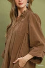 Corduroy Split Neck Puff Sleeve Shift Dress in Brown