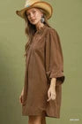 Corduroy Split Neck Puff Sleeve Shift Dress in Brown