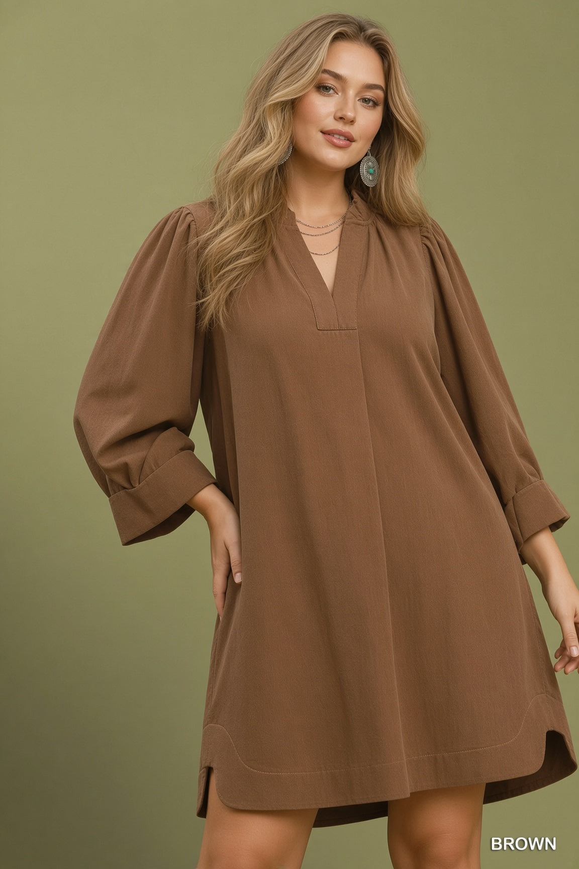 Umgee Corduroy Split Neck Puff Sleeve Shift Dress — Brown