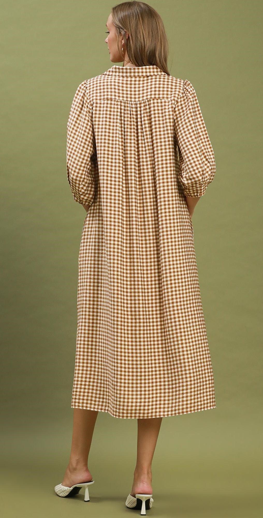 Umgee Gingham Check Collared Midi Dress in Carmel