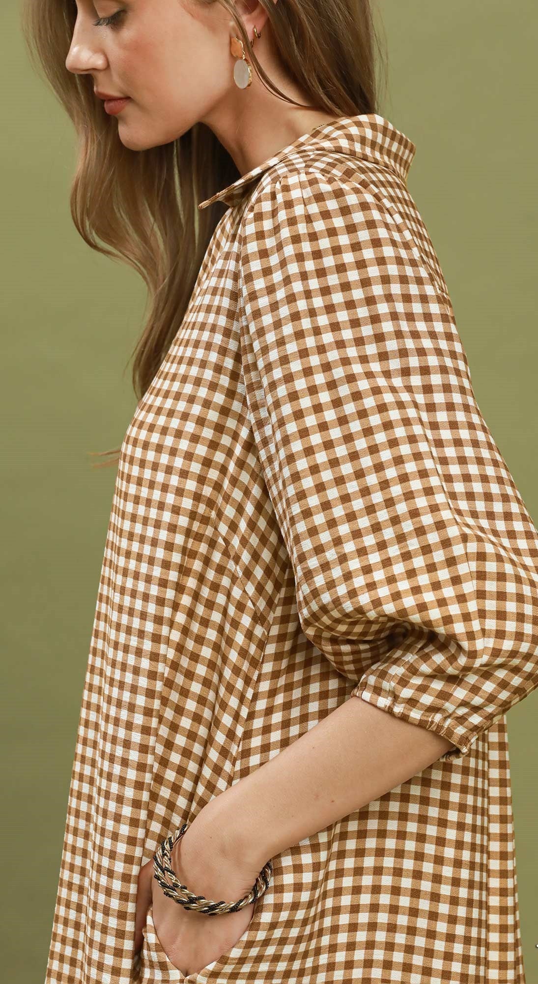 Umgee Gingham Check Collared Midi Dress in Carmel