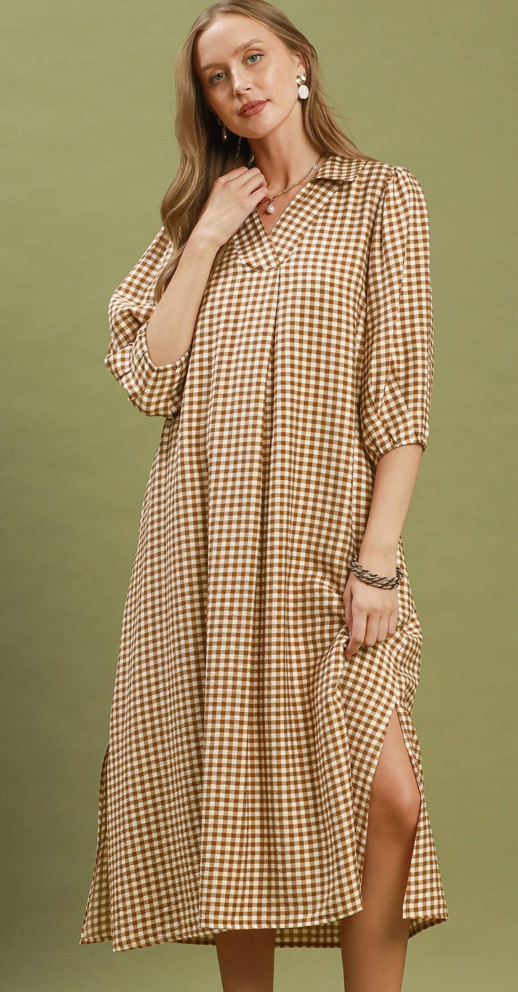 Umgee Gingham Check Collared Midi Dress in Carmel