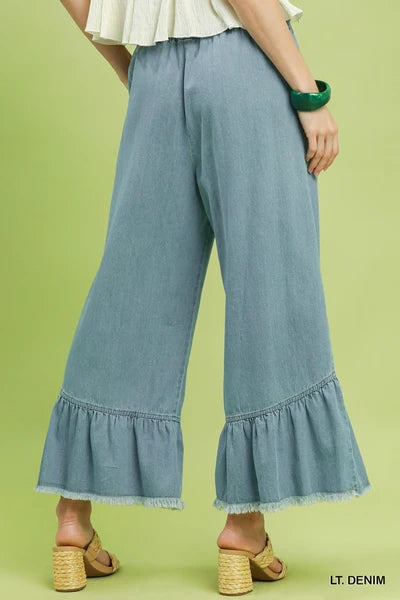 Umgee Washed Denim Wide Leg Frayed Hemline Pants