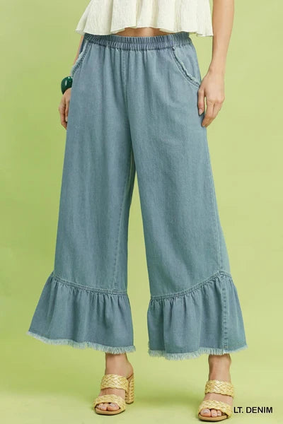 Umgee Washed Denim Wide Leg Frayed Hemline Pants