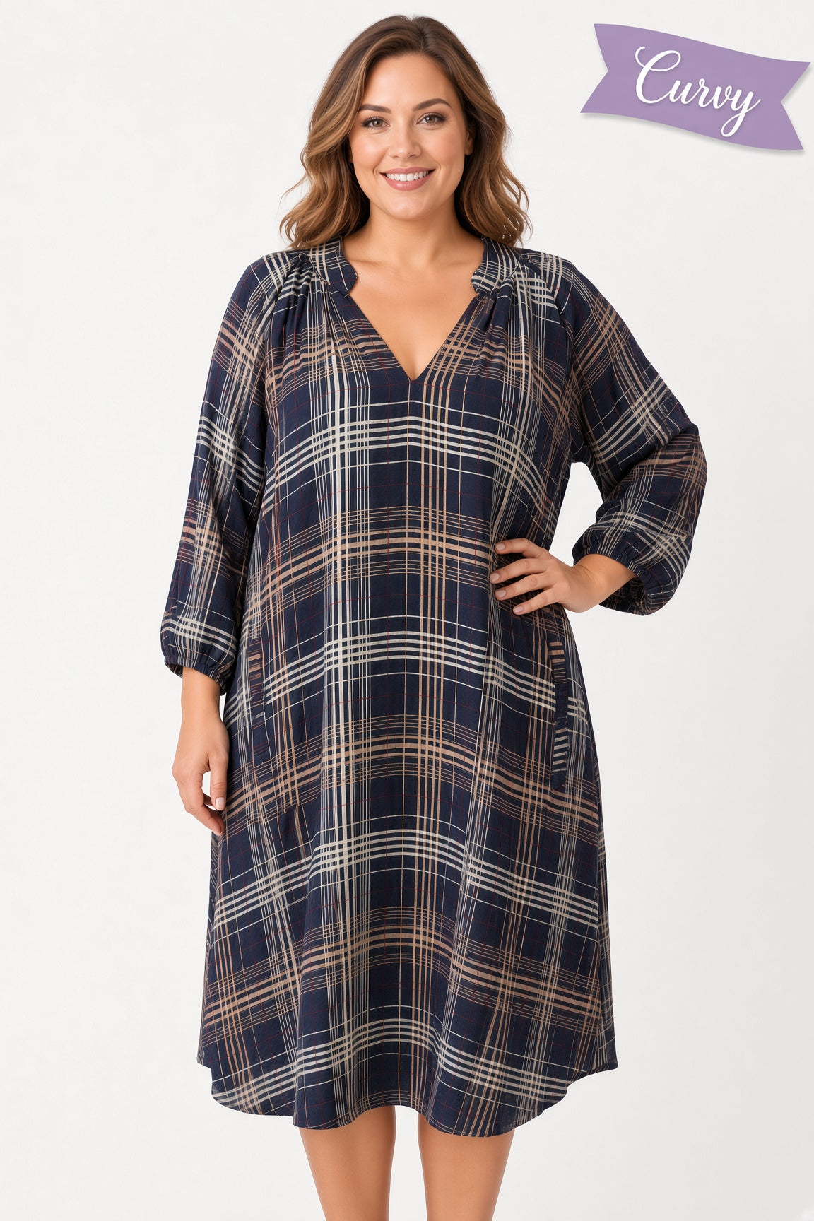 Umgee Plus Plaid V-Neck Balloon Sleeve Shift Dress - Black