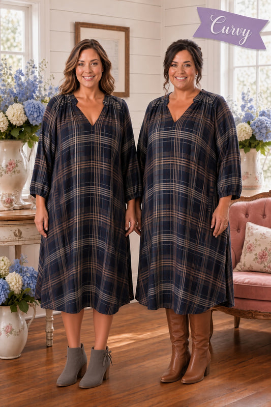 Umgee Plus Plaid V-Neck Balloon Sleeve Shift Dress - Black