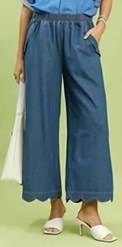 Umgee Chambray Scalloped Hem Pants