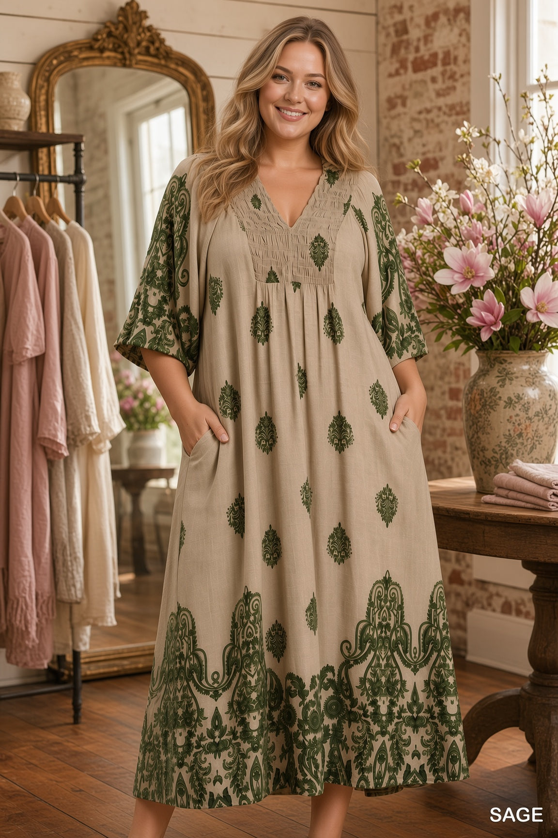 Umgee Smocked Detail Midi Dress - Sage