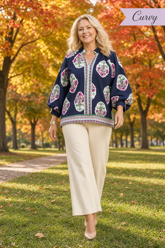 Umgee Plus Boho Floral Border-Print Tunic Top – Navy