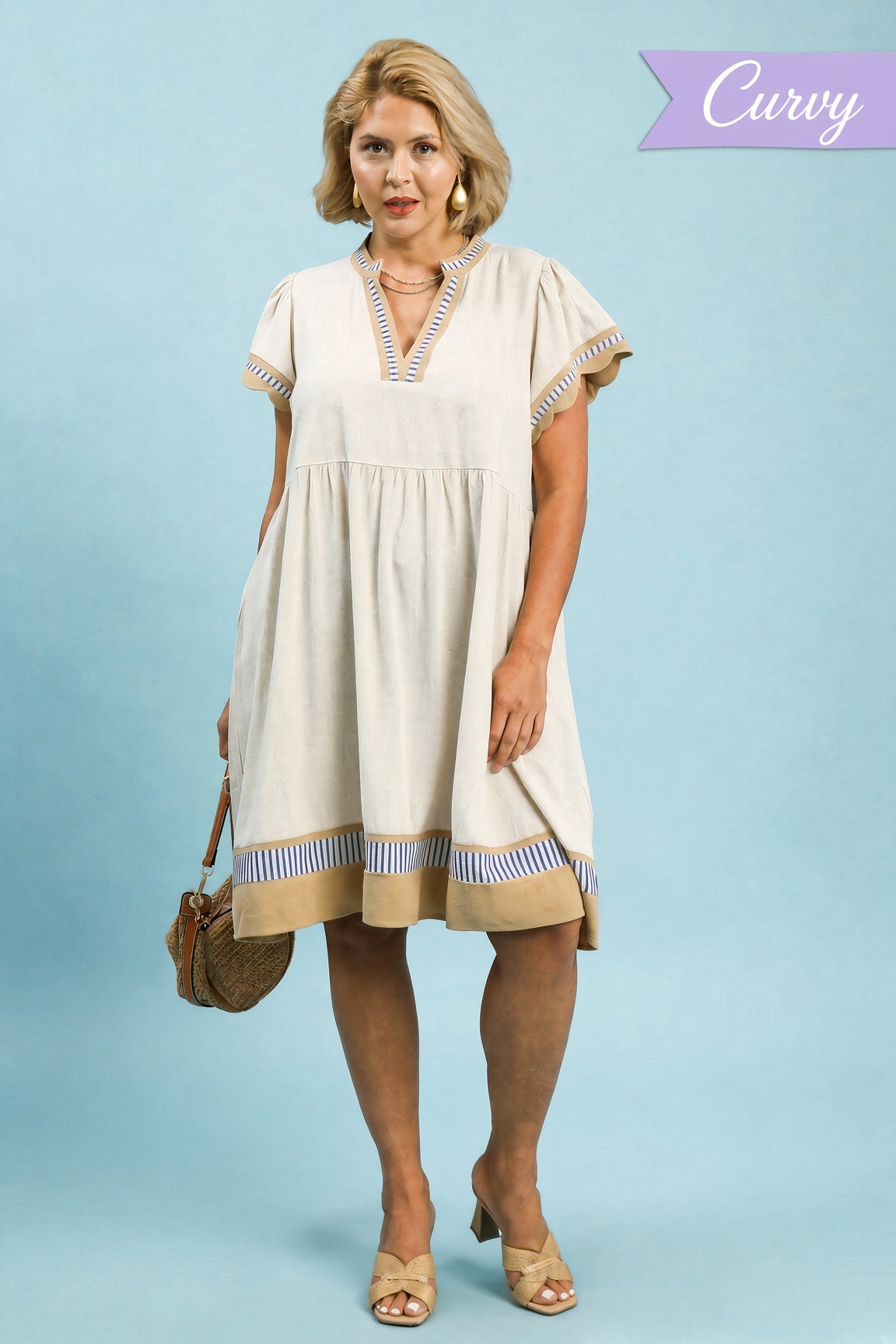 Umgee Plus Linen-Blend Color-Block Flutter-Sleeve Dress – Oatmeal