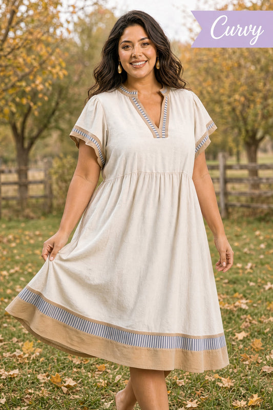 Umgee Plus Linen-Blend Color-Block Flutter-Sleeve Dress – Oatmeal