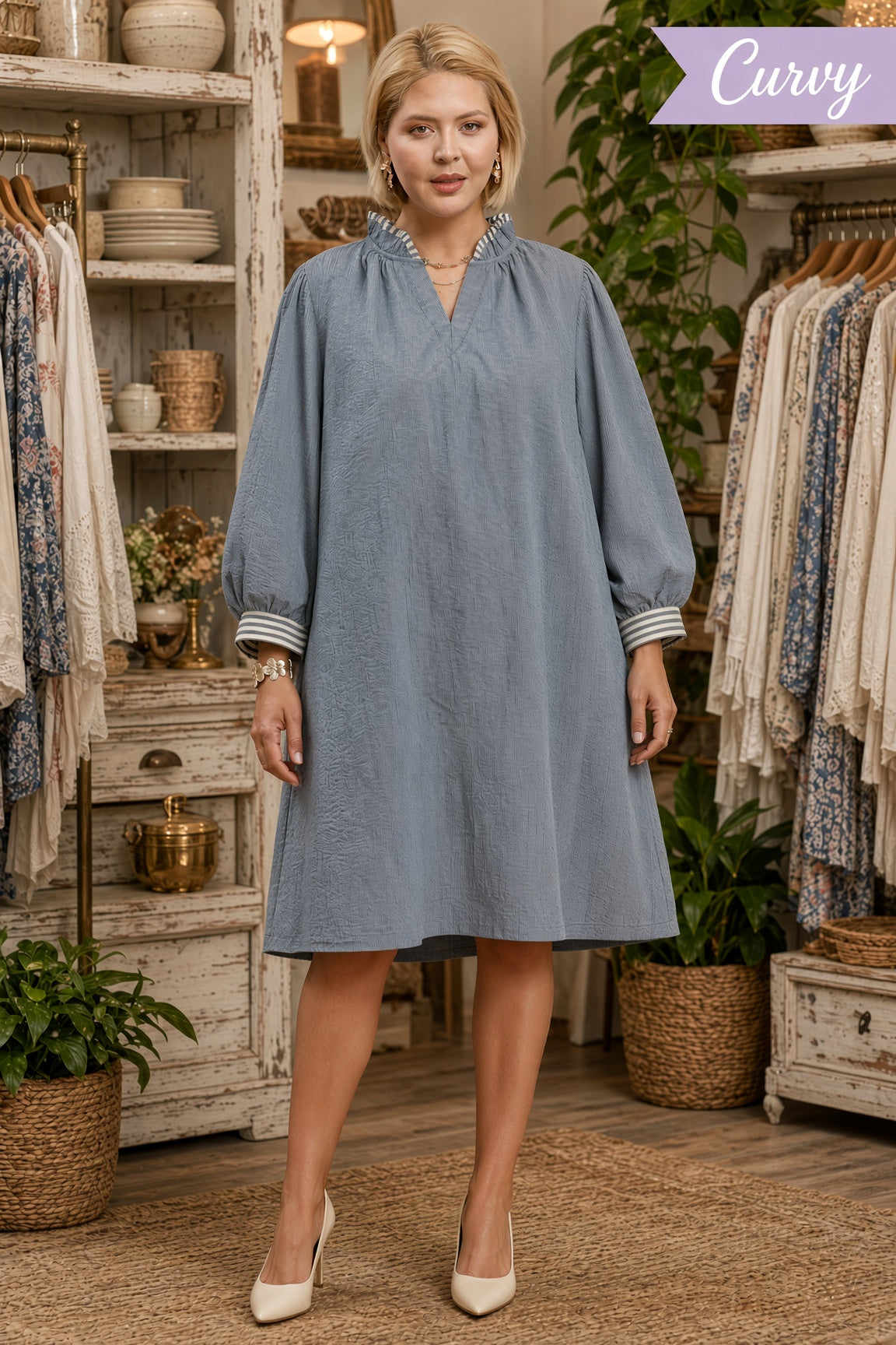 Umgee Plus Textured Contrast-Trim Tie-Waist Mini Dress – Denim