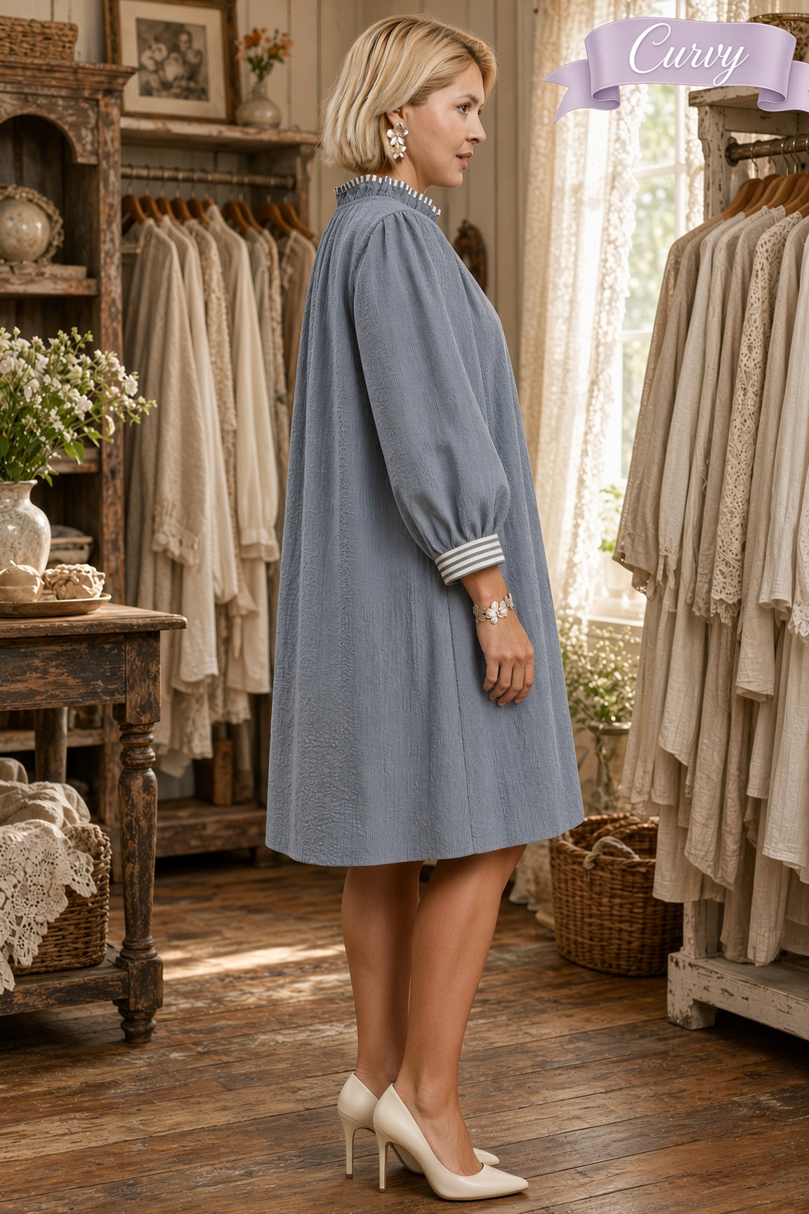 Umgee Plus Textured Contrast-Trim Tie-Waist Mini Dress – Denim