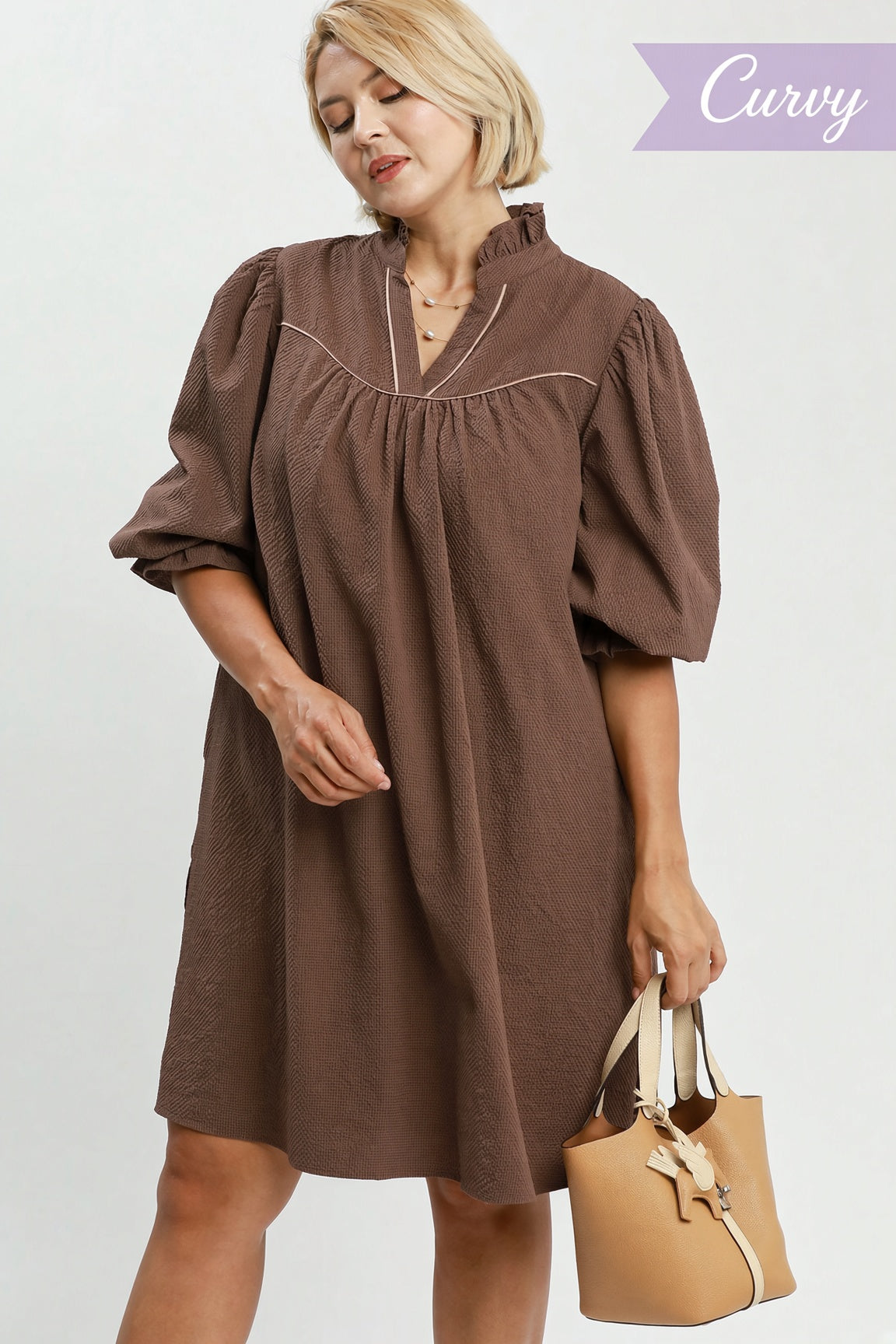 Umgee Plus Textured Long Puff-Sleeve Mini Dress