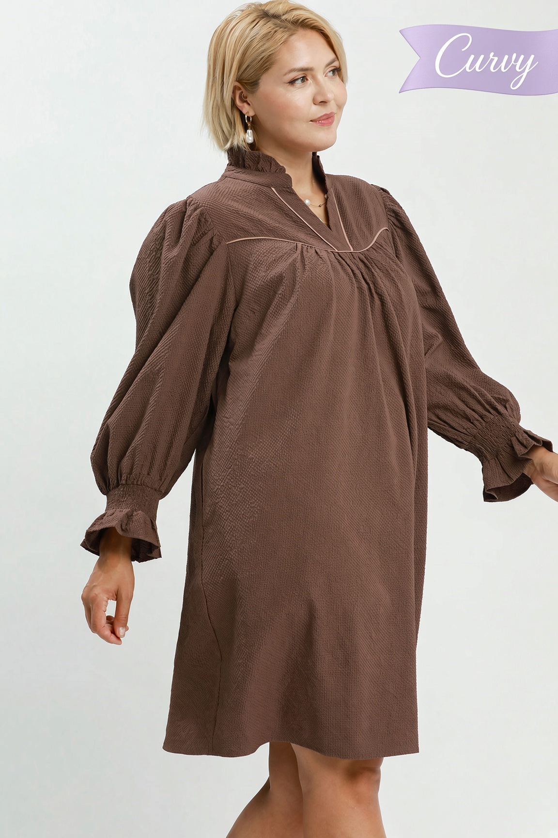 Umgee Plus Textured Long Puff-Sleeve Mini Dress