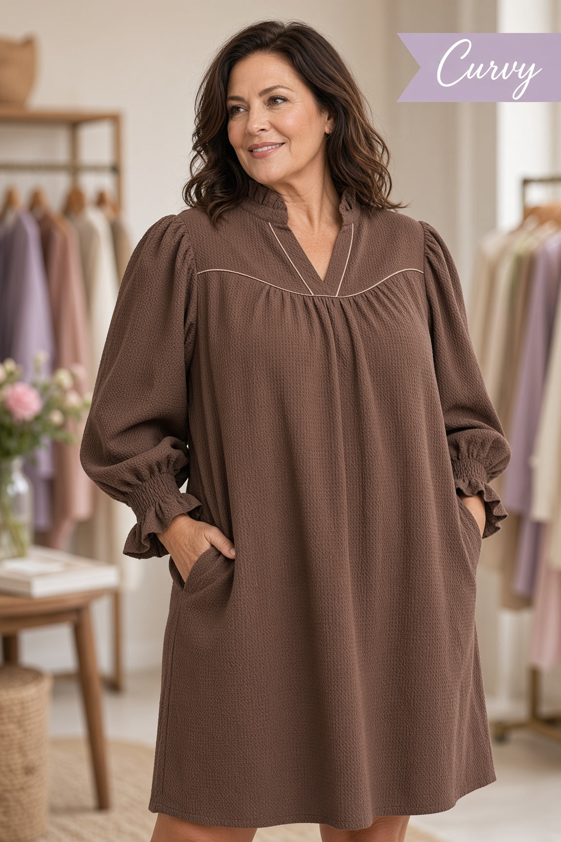 Umgee Plus Textured Long Puff-Sleeve Mini Dress