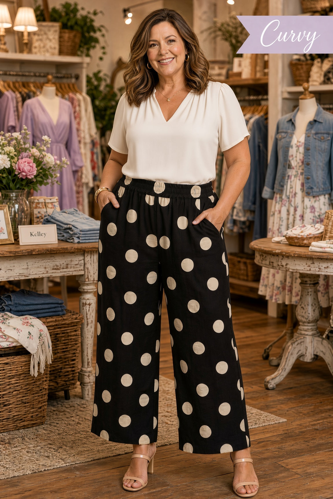 Umgee Plus Polka-Dot Wide-Leg Crop Pants with Pockets – Black
