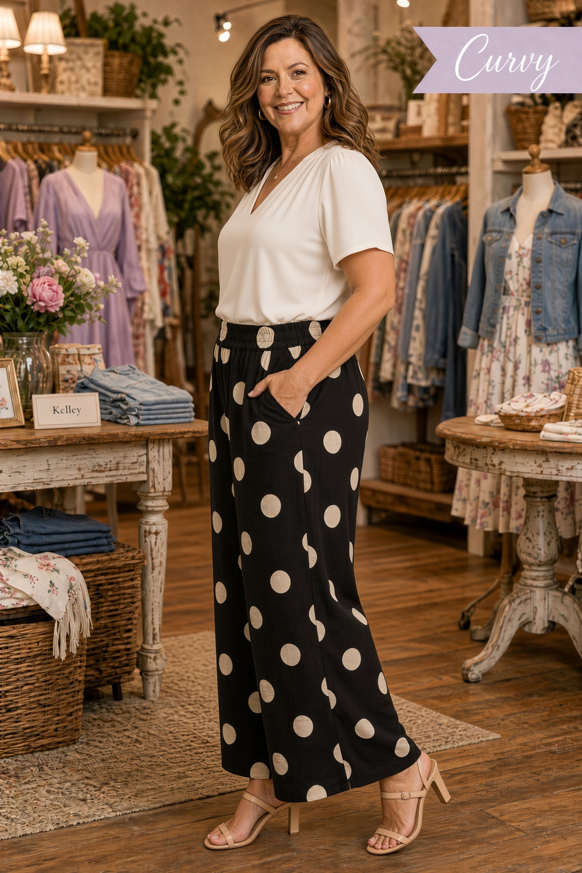 Umgee Plus Polka-Dot Wide-Leg Crop Pants with Pockets – Black