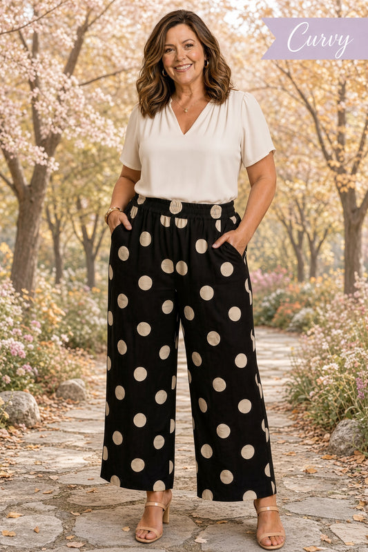 Umgee Plus Polka-Dot Wide-Leg Crop Pants with Pockets – Black