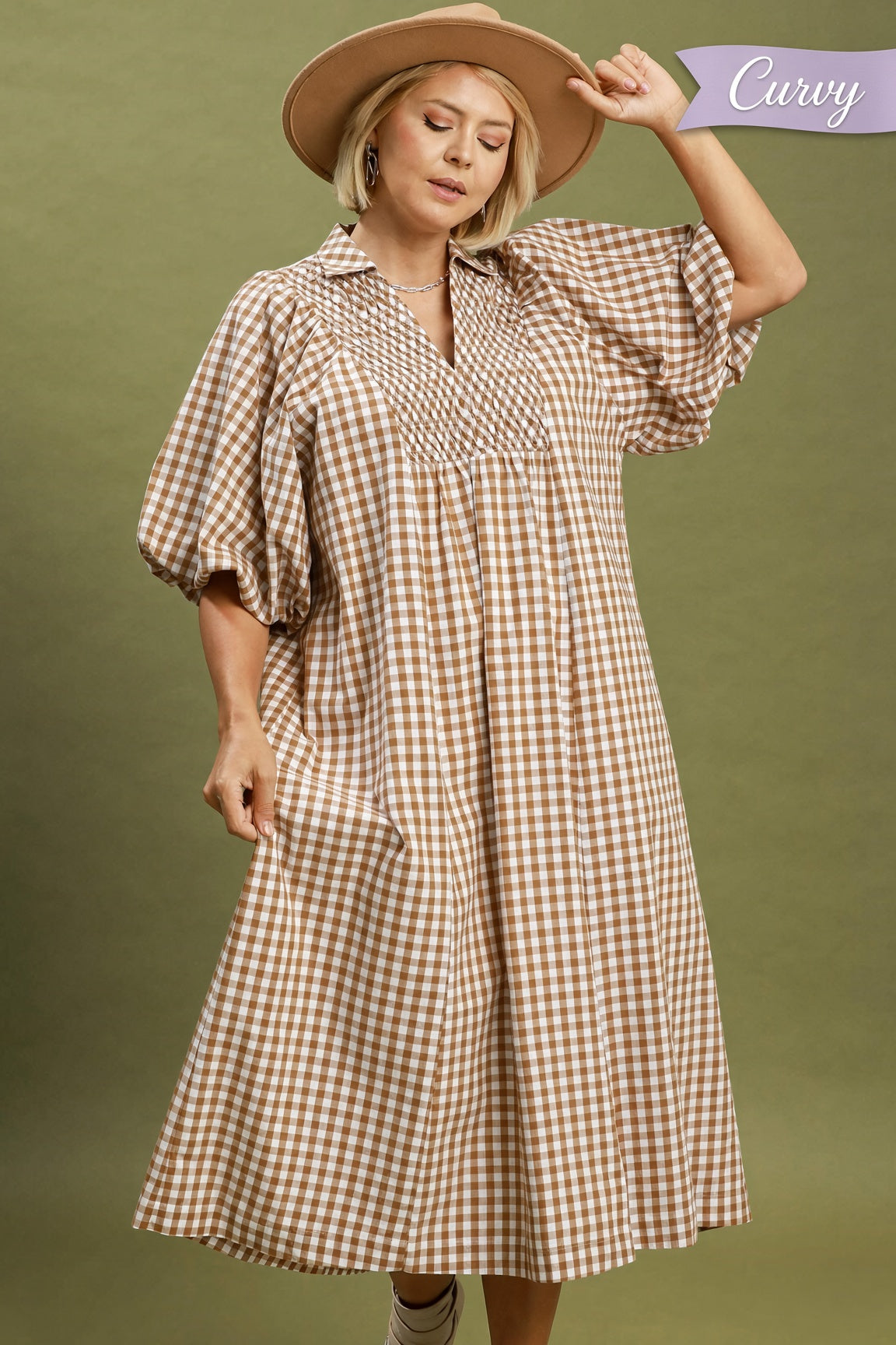 Umgee Plus Smocked Plaid Midi Dress – Brown