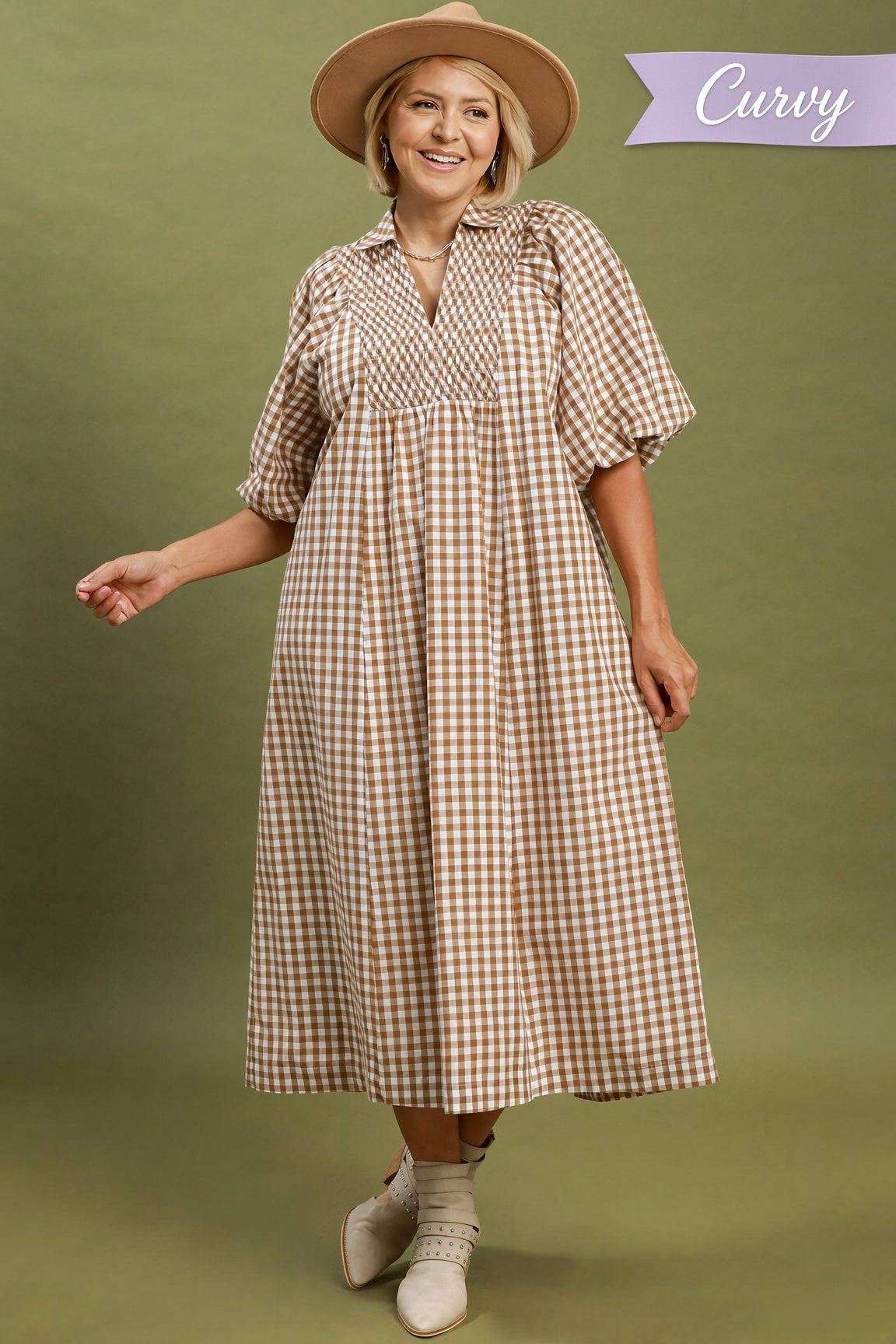 Umgee Plus Smocked Plaid Midi Dress – Brown