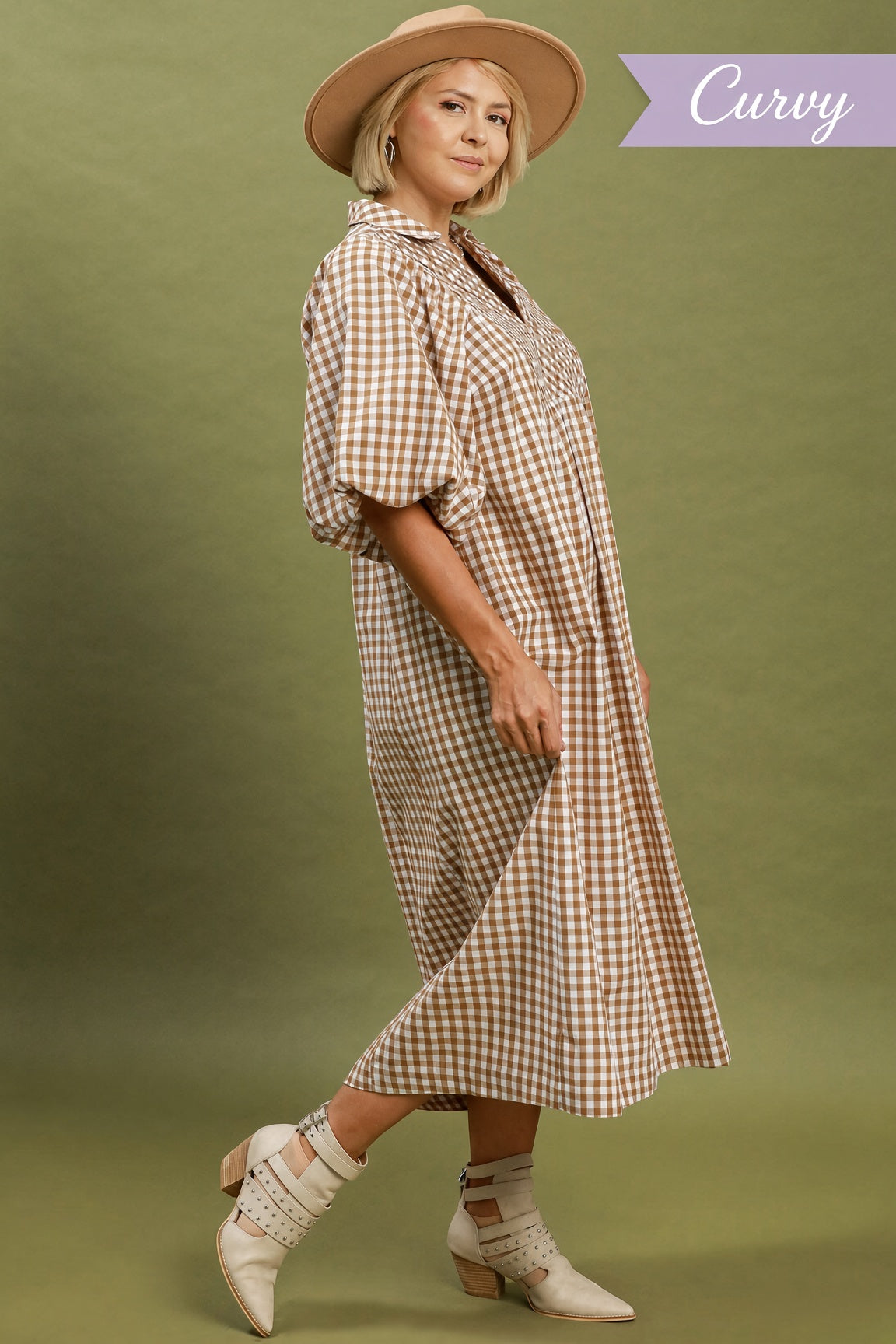 Umgee Plus Smocked Plaid Midi Dress – Brown