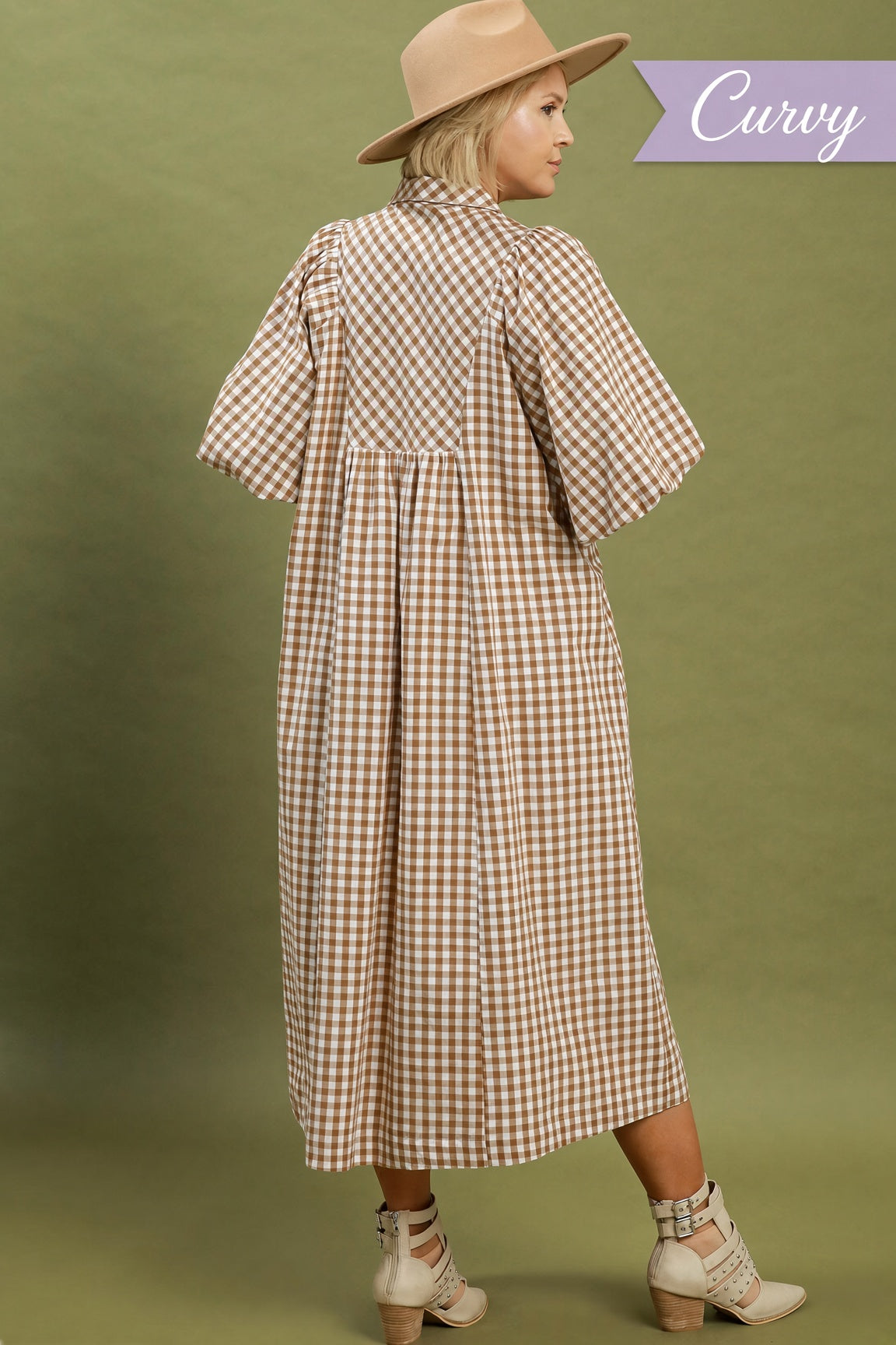 Umgee Plus Smocked Plaid Midi Dress – Brown