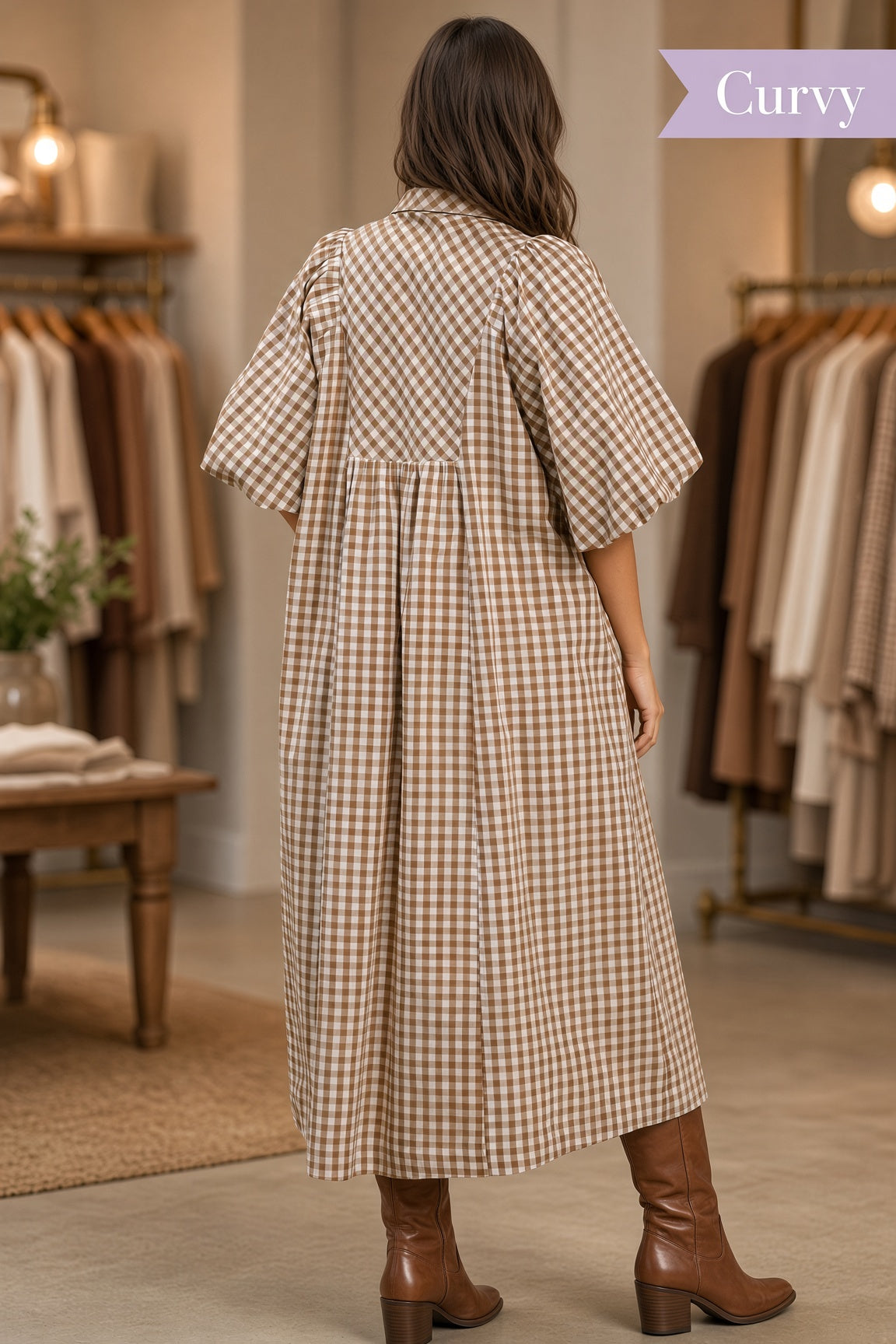 Umgee Plus Smocked Plaid Midi Dress – Brown