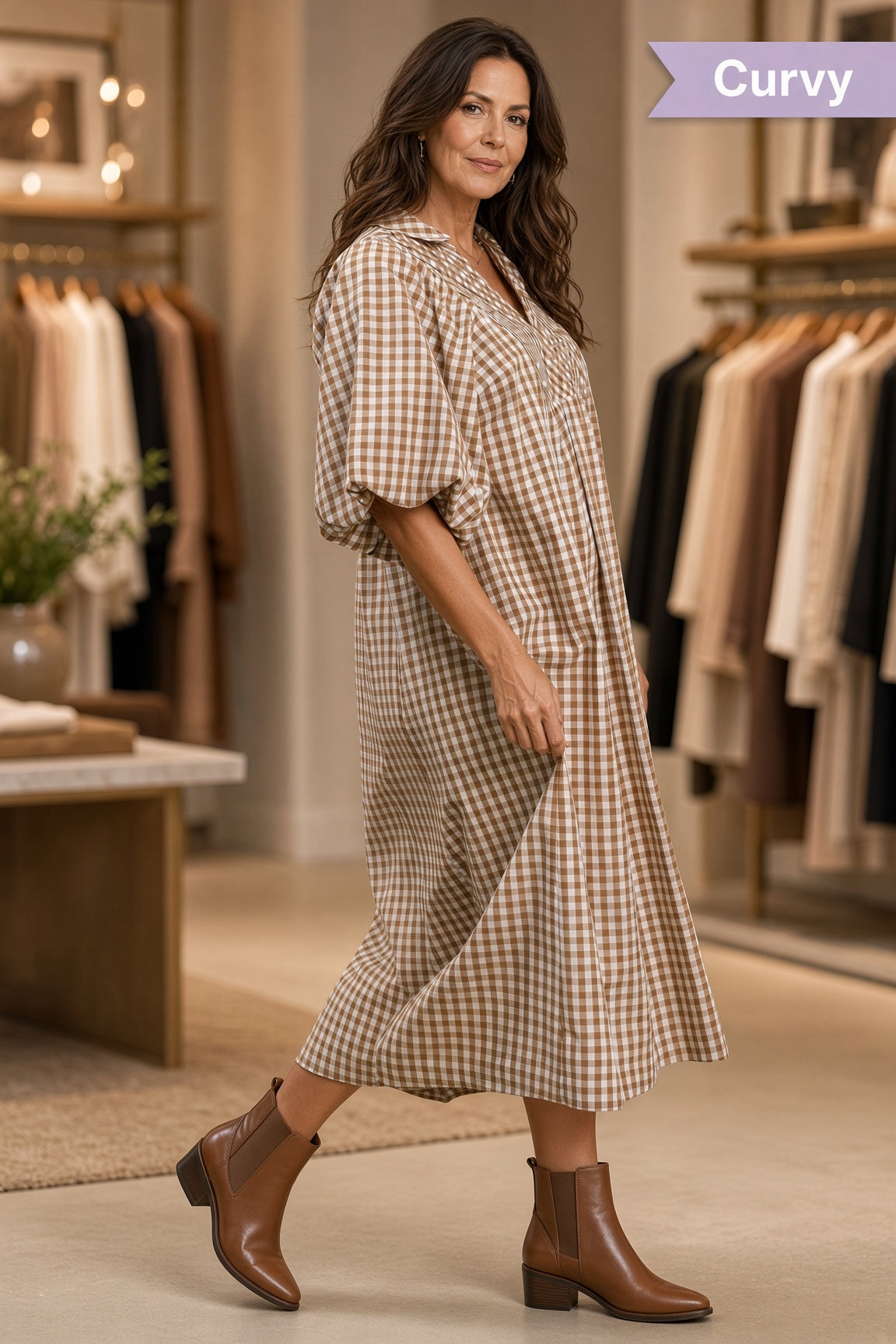 Umgee Plus Smocked Plaid Midi Dress – Brown