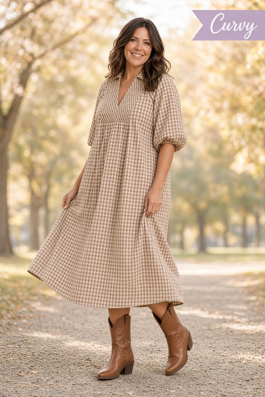 Umgee Plus Smocked Plaid Midi Dress – Brown