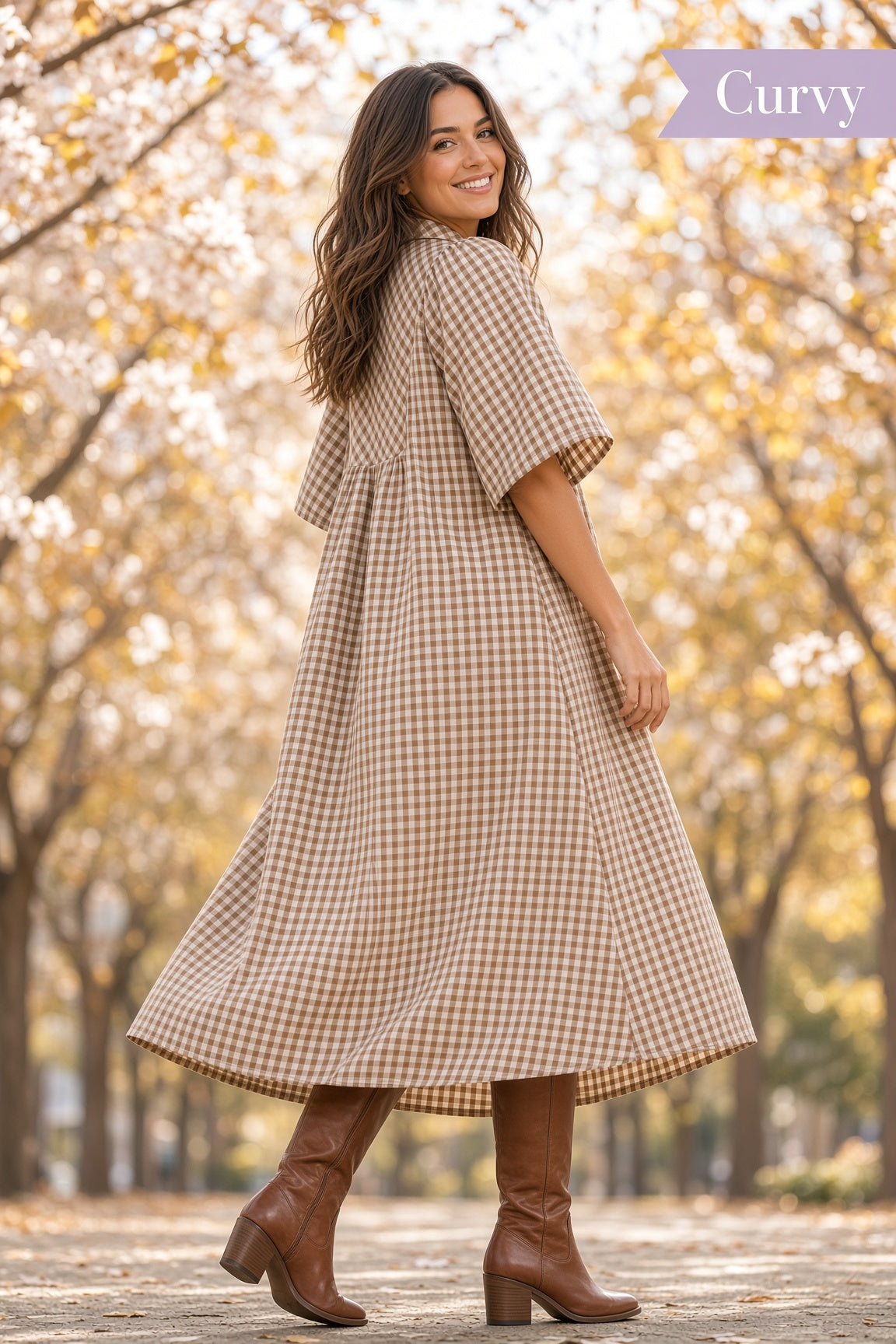 Umgee Plus Smocked Plaid Midi Dress – Brown