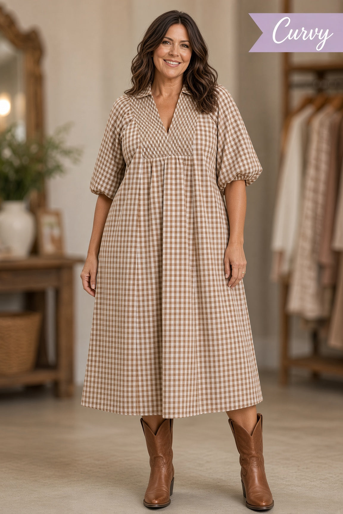 Umgee Plus Smocked Plaid Midi Dress – Brown