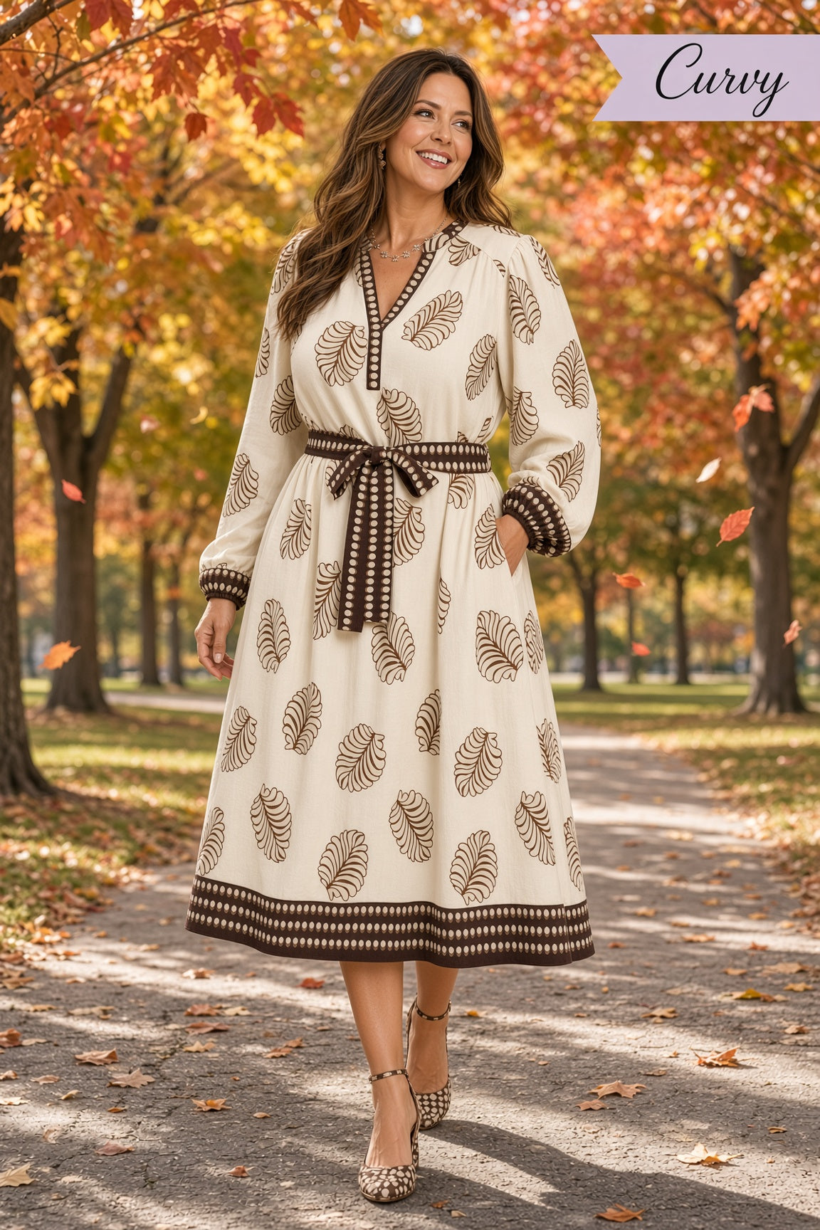 Umgee Plus Mixed Leaf-Print Midi Dress – Cream Mix