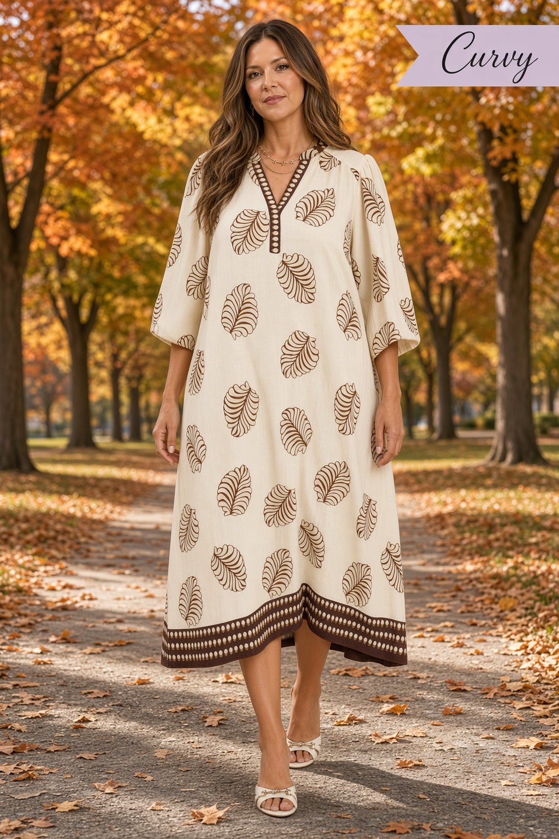 Umgee Plus Mixed Leaf-Print Midi Dress – Cream Mix