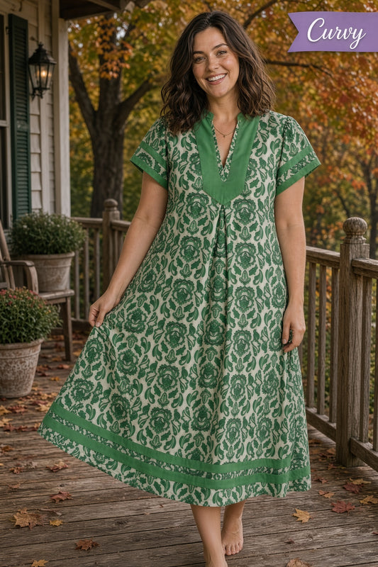 Umgee Plus Abstract Two-Tone Print Midi Dress – Green